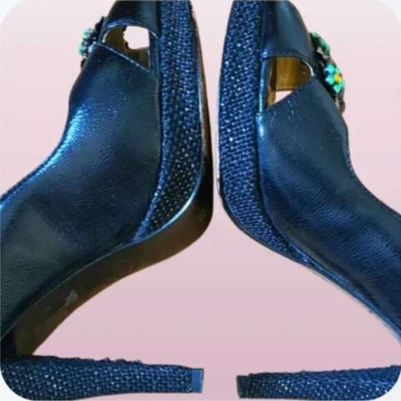 Y2K Black Peep Toe Heels jeweled stilettos Pinup style size 8.5 small platform - Picture 3 of 4